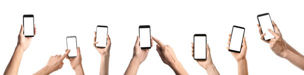 Група рук, що тримають мобільні телефони з порожніми екранами на білому тлі
 - Фото, зображення