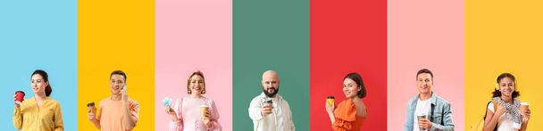 Коллаж разных людей с бумажными чашками кофе на цветном фоне - Фото, изображение