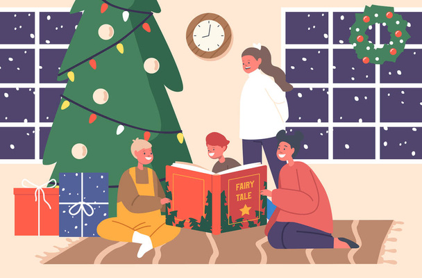 Onnelliset lapset, ystävät, sisaret tai veljet lukevat satuja jouluaattona. Happy Boys and Girls merkkiä istua koristeltu Fir puu nauttii kirjan lukeminen. Sarjakuva ihmiset vektori kuvitus - Vektori, kuva