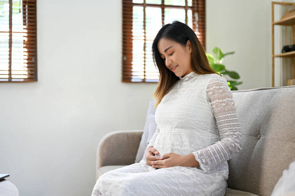 Beautiful and happy millennial Asian pregnant woman relaxes sitting on sofa, touching her belly. pregnancy, motherhood - Photo, Image