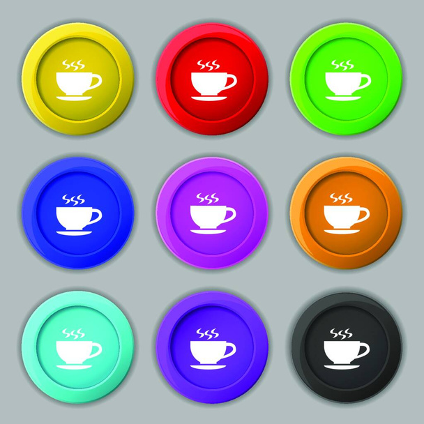 "Το σύμβολο του τσαγιού και του ποτηριού. σύμβολο σε εννέα στρογγυλά χρωματιστά κουμπιά. Διάνυσμα" - Διάνυσμα, εικόνα