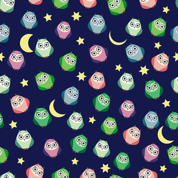 Cute multicolored owls at night with stars, clouds and moon. Seamless pattern in cartoon style, childish seamless pattern, newborn. Creative childish background for fabric, textile - Διάνυσμα, εικόνα