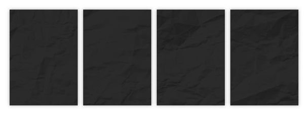Set de papel negro arrugado en formato A4. Hojas de papel vacías arrugadas con sombra para carteles y pancartas. Ilustración vectorial - Vector, imagen