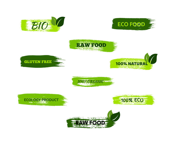 Green natural bio labels. Set of green organic, bio, eco, vegan labels on hand drawn stains. Vector illustration - Vektor, Bild
