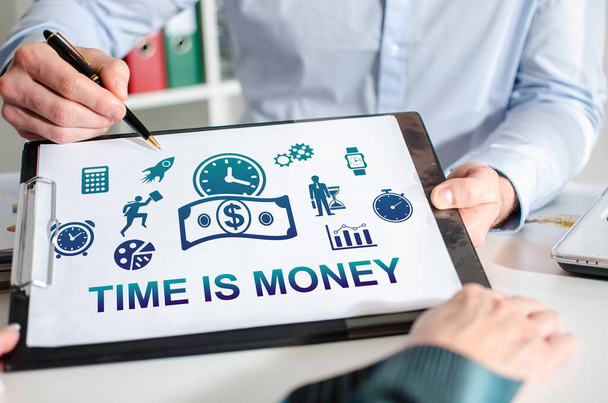 Businessman showing time is money concept on a clipboard - Фото, зображення