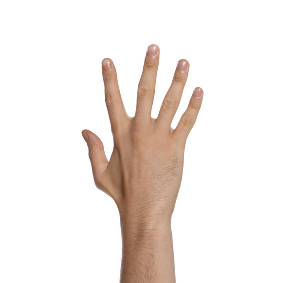 Man on white background, closeup of hand - Foto, afbeelding