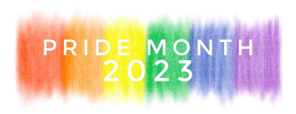 'Pride Month 2023' on rainbow colors drawing on white background, concept for lgbt celebration in pride month, june, around the world. - Photo, Image