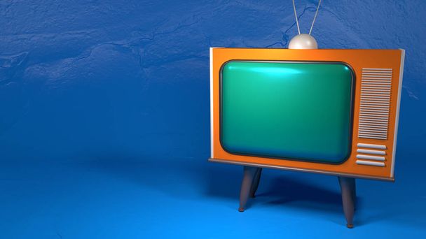 Vintage televisie voor blauw gekleurde muur, close-up, modern design, 3D-weergave - Foto, afbeelding