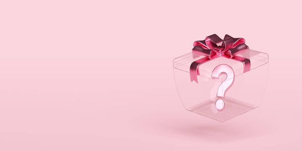3D transparente Geschenkbox mit Fragezeichen Symbol auf rosa Hintergrund isoliert. FAQ oder häufig gestellte Fragen, minimales Konzept, 3D-Darstellung - Foto, Bild