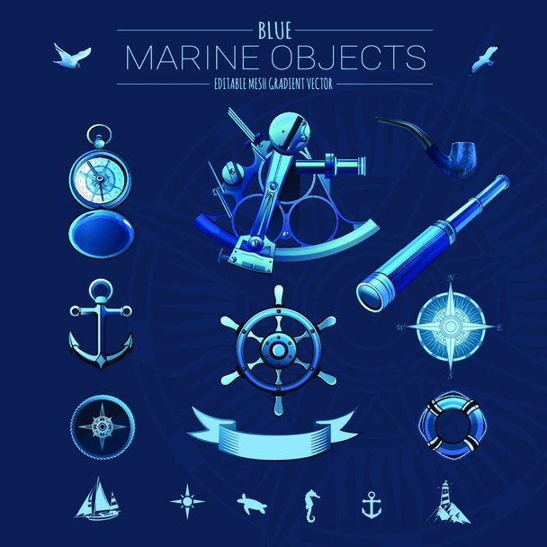 Ilustración vectorial de objetos marinos azules - Vector, Imagen
