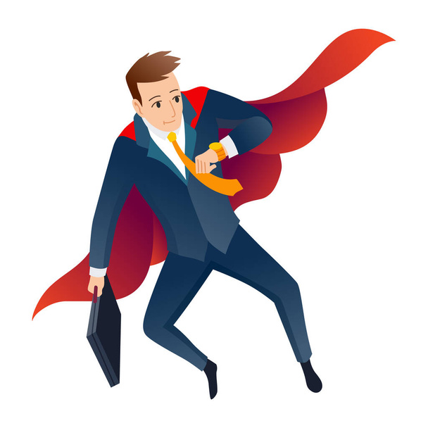 Businessman superhero character. Office worker or manager in costume and red fluttering cloak cape. Cartoon powerful man in spectacular action pose superhero. Vector isolated on white background. - Vektör, Görsel