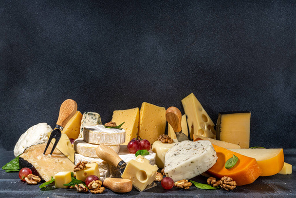 Different sorts of cheese set. Cheese platter with various cheese, with grapes, nuts, cheese knife and spices, black tiled background copy space - Foto, afbeelding