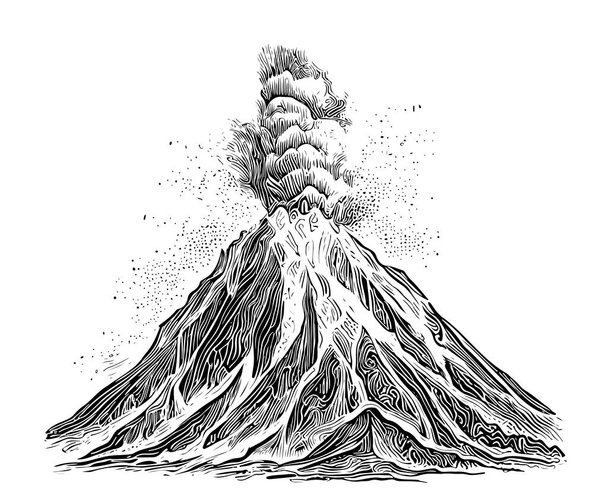 Vulcão vomitando lava desenhado à mão esboço gravura estilo Vector ilustração. - Vetor, Imagem
