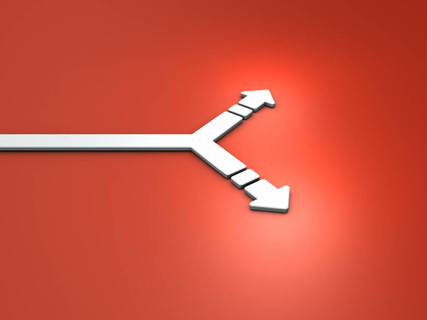 An arrow that splits left and right. Abstract concept representing crossroads and choices. Future prospects and possibilities. red hot background. 3D rendering. - Fotó, kép