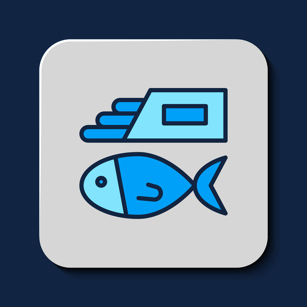 Vyplněný obrys Ryby a hranolky ikona izolované na modrém pozadí. Vektor - Vektor, obrázek