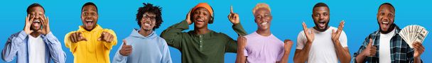 Freschi ragazzi millenari africani americani in eleganti abiti casual divertirsi su sfondo blu studio, smorfie, gesti, utilizzando gadget moderni, mostrando contanti, set di foto, collage, panorama - Foto, immagini
