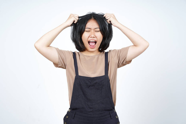 Angry Stressed and Pull Hair Of Beautiful Asian Woman Isolated On White Background - Fotoğraf, Görsel