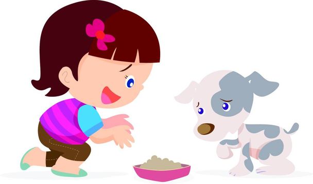 cute girl give food dog - Vector, Image