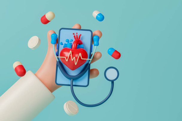 3d conceito de renderização inteligente de saúde on-line e serviço médico. Médico mão segurando smartphone com pílulas, estetoscópio e coração na tela. - Foto, Imagem