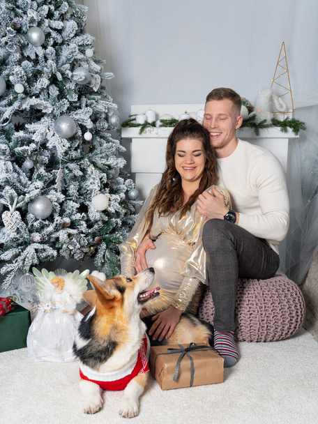 Ένα ευτυχισμένο παντρεμένο έγκυο ζευγάρι κοντά στο χριστουγεννιάτικο δέντρο με ένα σκυλάκι στο φόντο του τζακιού. Οικογενειακές διακοπές. Χριστούγεννα και Πρωτοχρονιά. - Φωτογραφία, εικόνα