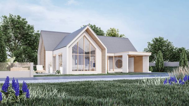 Architektonický 3D vykreslování ilustrace moderního minimálního domu s garáží a přírodní scenérie pozadí  - Fotografie, Obrázek