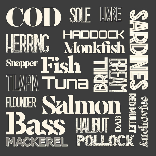 Types Of Fish Word Cloud on a chalkboard background. - Vector, Image