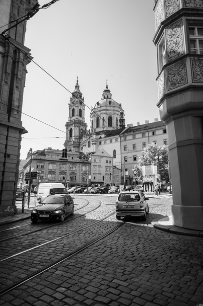 St. Nicholas Church. District Mala Strana - Lesser Town of Prague. Black and white. Prague is the capital and largest city of the Czech Republic. - Foto, afbeelding