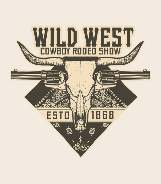 Wild west coowboy rodeo show - Bull skull, gun and red bandanna - T-Shirt design - vektorová ilustrace - bílá verze - Vektor, obrázek