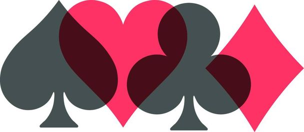 "Pokerkartenfarben - Herz, Kreuz, Pik und Karo - auf weißem Hintergrund. Casino Glücksspiel Thema Vektor Illustration. Schwarze und rote transparente Formen, die sich teilweise überlappen" - Vektor, Bild