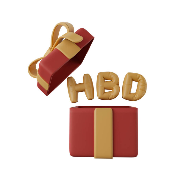HBD szöveges lufi nyitott ajándék dobozban. Nyitott ajándék doboz hbd léggömb betűkkel 3D illusztráció. Boldog szülinapot! Születésnapi gratuláció - Fotó, kép