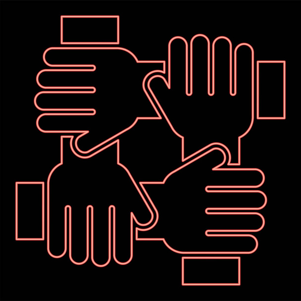 Неоновые четыре руки, удерживающие вместе концепцию командной работы красный цвет вектор иллюстрации изображения плоский стиль света - Вектор,изображение