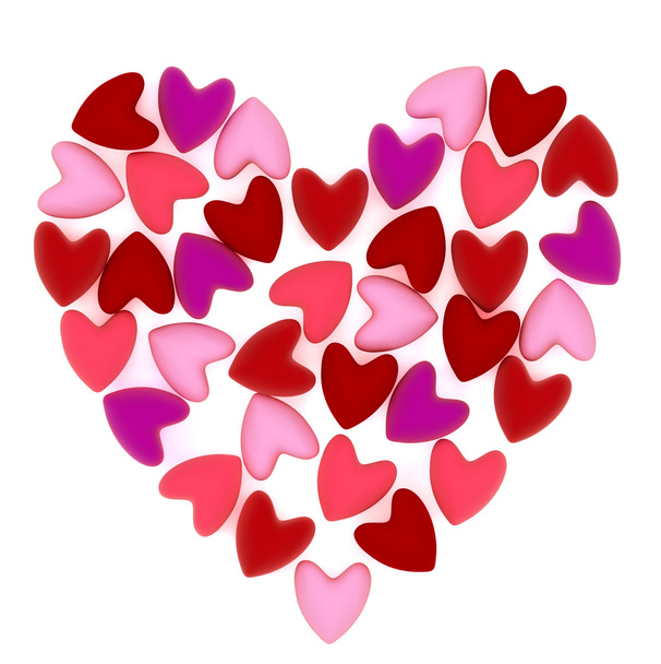 Сердце Валентина сделано из многих маленьких розовых бархатных сердец на белом фоне
 - Фото, изображение