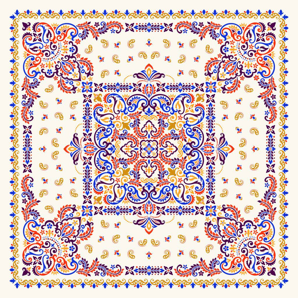"Διάνυσμα Bandana Print. Παραδοσιακό διακοσμητικό έθνικ μοτίβο με κολοκύθα και λουλούδια. Μεταξωτό μαντήλι λαιμού ή μαντήλι τετράγωνο μοτίβο στυλ σχεδιασμού, καλύτερο κίνητρο για εκτύπωση σε ύφασμα ή papper." - Διάνυσμα, εικόνα