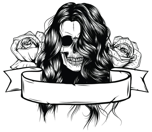 Κορίτσι με σκελετό συνθέτουν χειροποίητο διανυσματικό σκίτσο. Santa Muerte γυναίκα πορτρέτο μάγισσα εικόνα αρχείου - Διάνυσμα, εικόνα