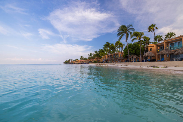 Πανέμορφη θέα των κτιρίων του ξενοδοχείου Tamarijn μπροστά από την αμμώδη ακτογραμμή του Ατλαντικού Ωκεανού. Τυρκουάζ νερά συγχωνεύονται με μπλε ουρανό στον ορίζοντα. Νήσος Αρούμπα.  - Φωτογραφία, εικόνα