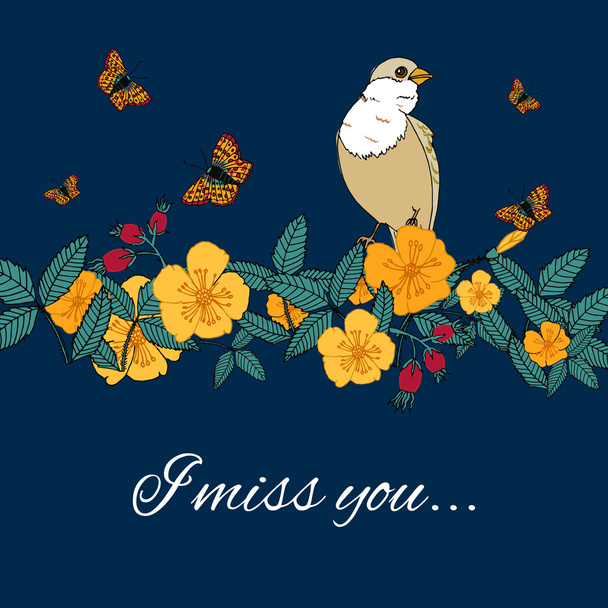 Vintage flowers background with bird - Vector, Image