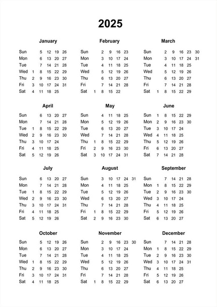Calendar 2025. Printable calendar for 2025. Sunday start. Minimalist style. Usual wall calendar. Planner for office. Business planner for 2025. Business calendar - Photo, Image