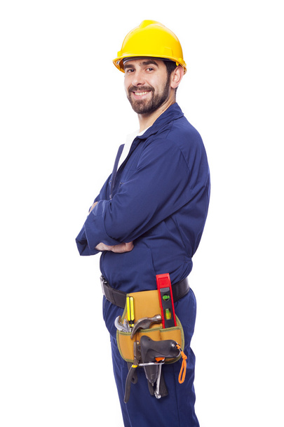 Portrait of a handsome smiling contractor, isolated on white bac - Zdjęcie, obraz
