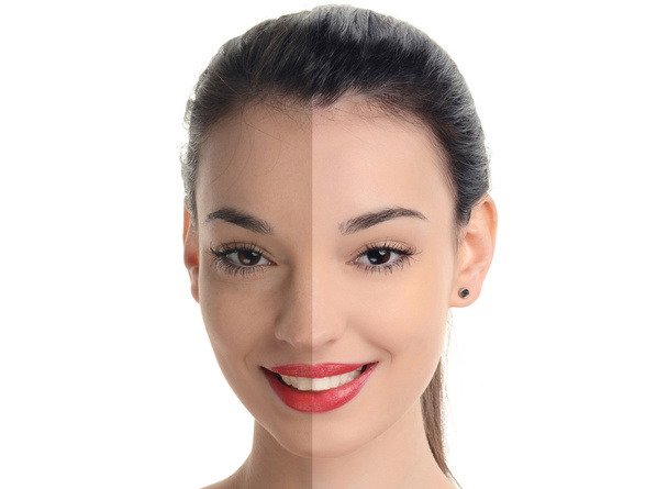Beautiful young woman with sexy red lips smiling before and after retouching with photoshop. - Foto, imagen