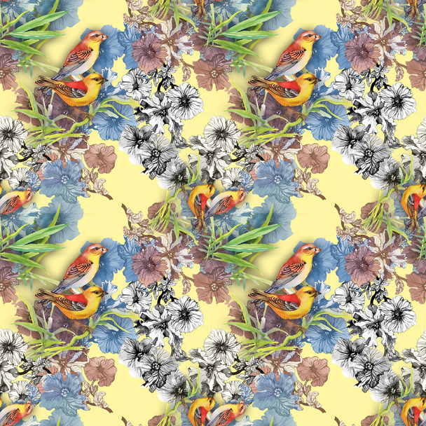 Pattern with wild exotic birds and flowers - Φωτογραφία, εικόνα