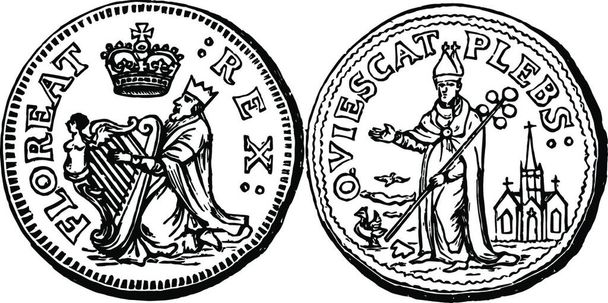 "Copper Quarter Pence Coin, 1681 vintage illustration. " - Vector, Image