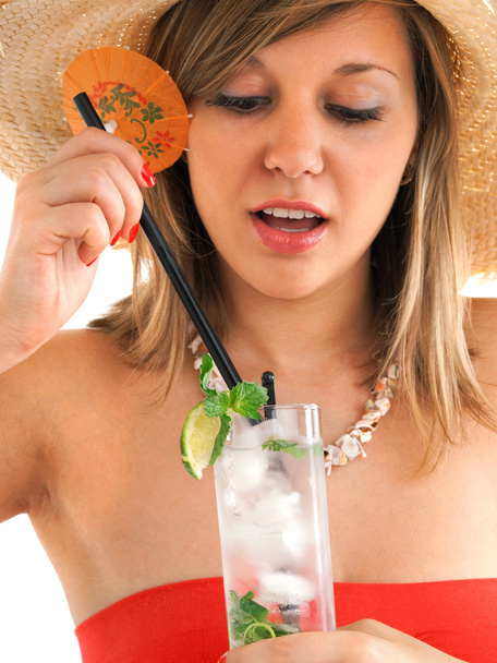 Woman with hat and cocktail - Foto, afbeelding