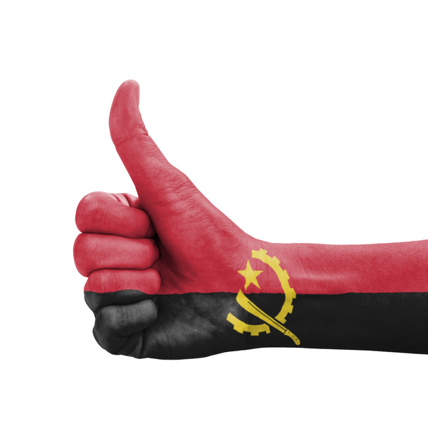 Mão com polegar para cima, bandeira de Angola pintada como símbolo de excelência
, - Foto, Imagem