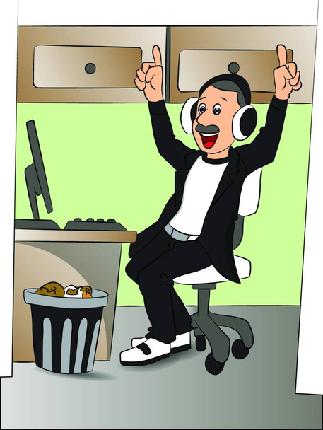 "Vektor des Mannes, der im Büro Musik über Kopfhörer hört." - Vektor, Bild