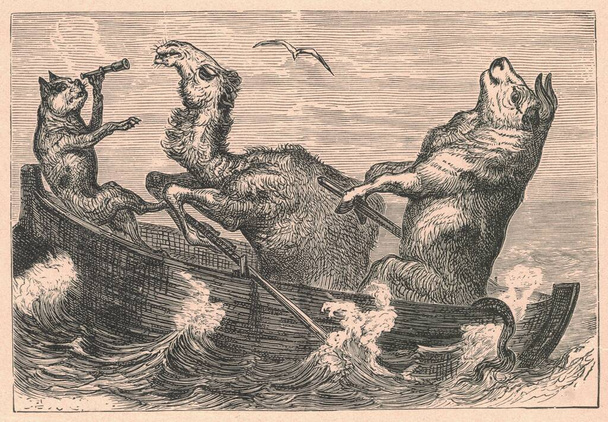 Чорно-біла антикварна ілюстрація показує тварин на човні. Вінтажні ілюстрації показують групу тварин, що плавають на морі. Стара фотографія з казкової книги. Ілюстрація оповідання опублікована 1910 року. Казка, казка, диво, чарівна казка
, - Фото, зображення