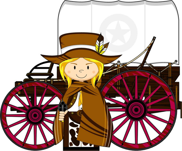 "Cartoon Cowgirl and Wagon" - Vektor, Bild