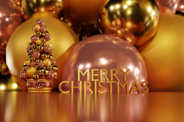 3d renderizado de texto de Navidad feliz y el concepto de Navidad con decoración de regalo - rosa claro - Foto, imagen