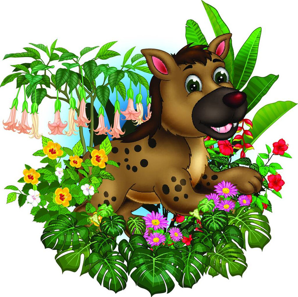 Brown Hyena With Ivy Tropical Plant and Flower Cartoon - Vector, Image