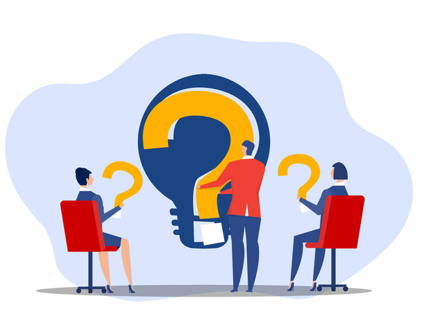 problem solving concept, business people standing with question marks then help hand put the lamp  to solve the bright problem. Creative.vector design illustration. - Vector, Image