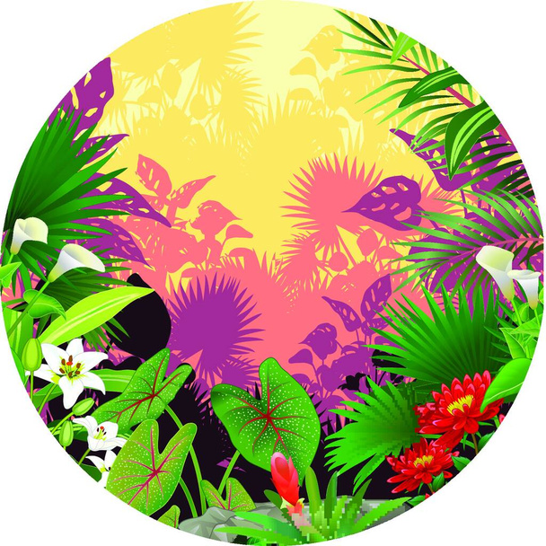"Beautiful Tropical Ivy Plants in Rounded Frame Cartoon" - ベクター画像